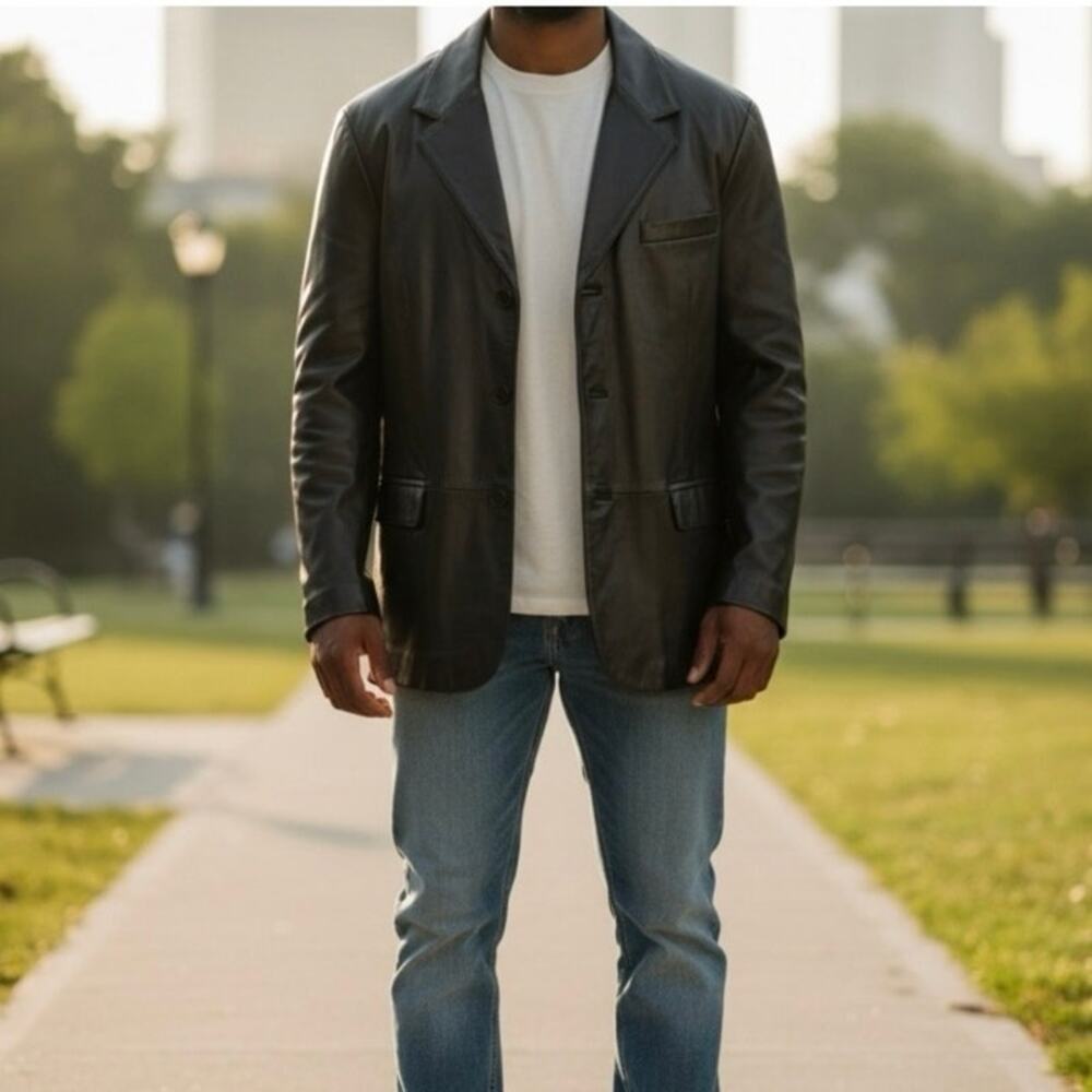 City Jones New York Mens Sz 44R black Leather Blazer Jacket Single Breasted